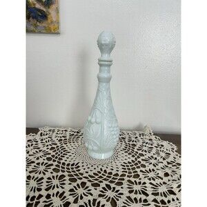 1960s Cherries and Grapes Milk Glass Decanter, Genie Bottle, With Green Hue
